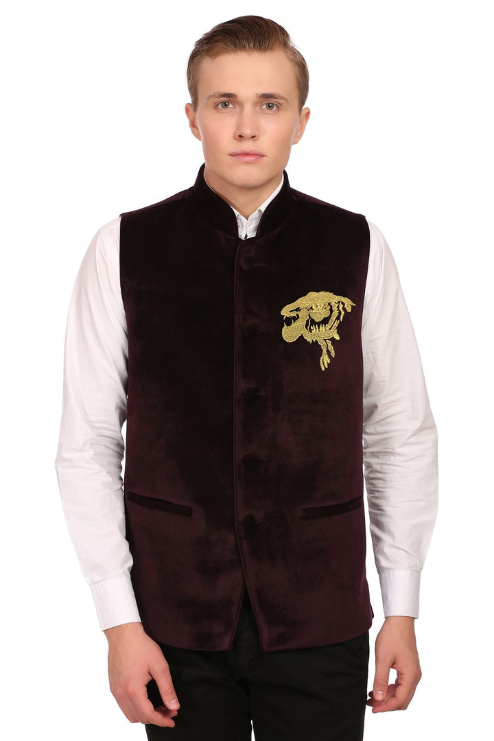 Red Velvet Nehru Jacket with Gold Embroidery