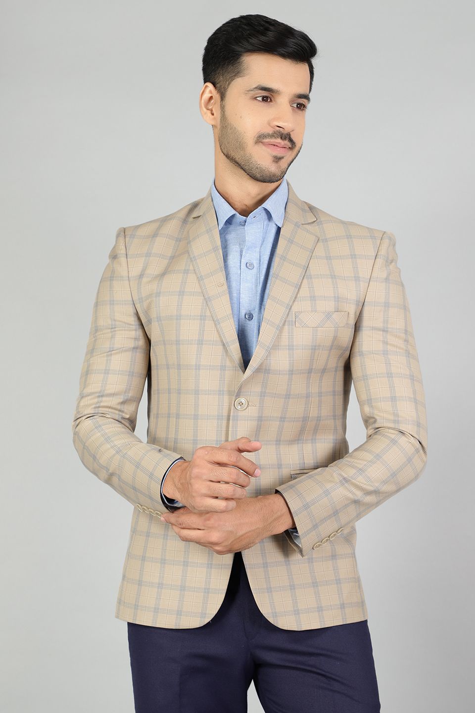 Poly Wool by Raymonds Mills Checkered Beige Blazer