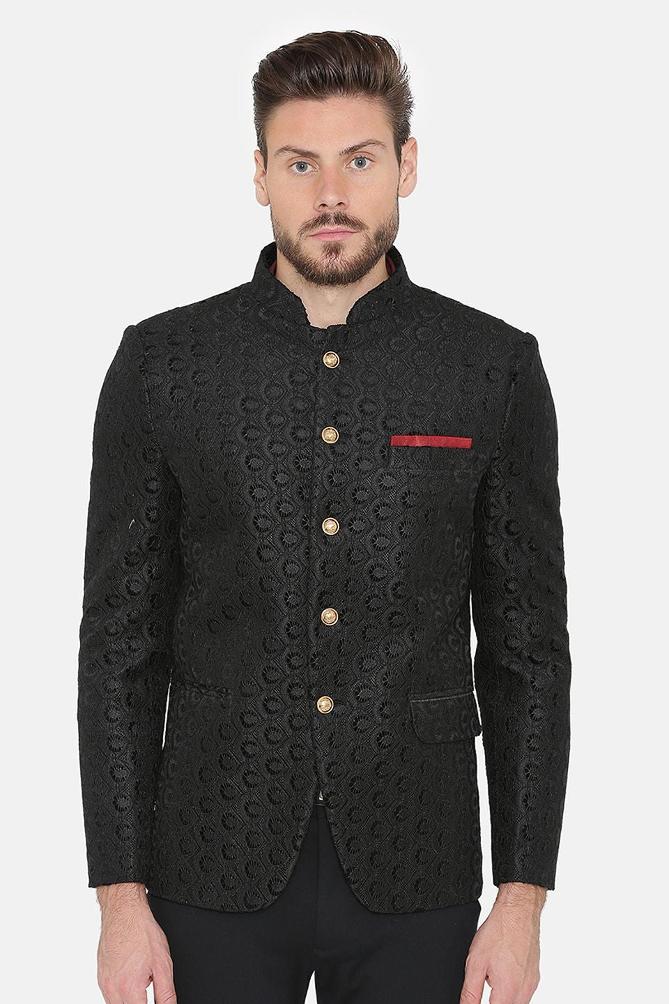 EmbroideRed Velvet Black Bandhgala