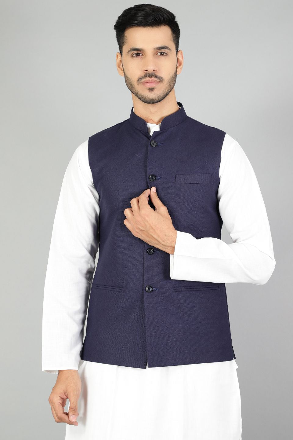 Buy Polyester Cotton Plain Blue Modi Nehru Jacket From WINTAGE Online