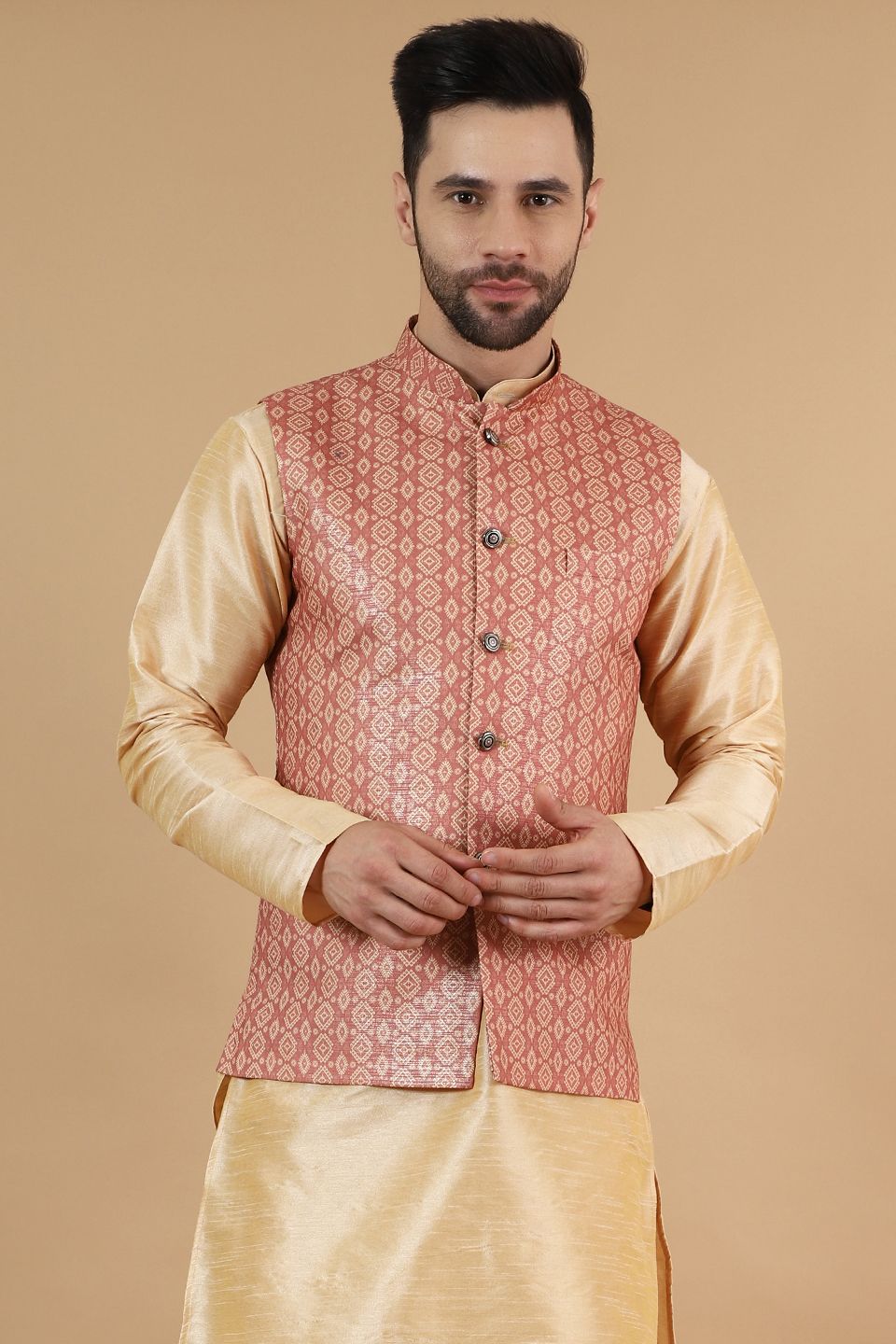 Digital Print Cotton Silk Pink Modi Nehru Jacket