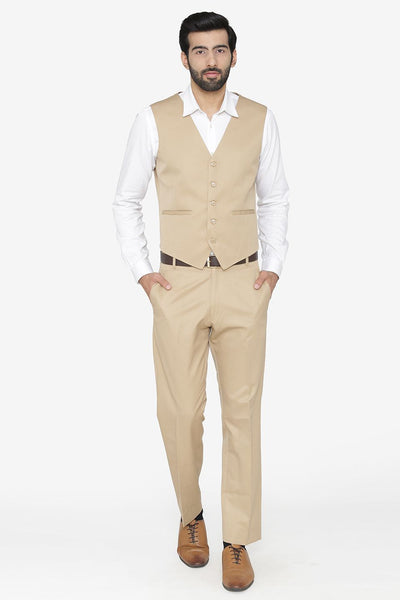 Polyester Cotton Beige Vest and Pant Set