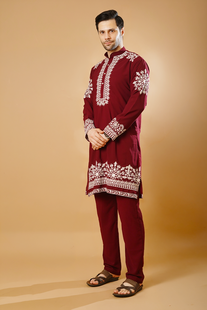 Cotton Blend Red Kurta Pyjama