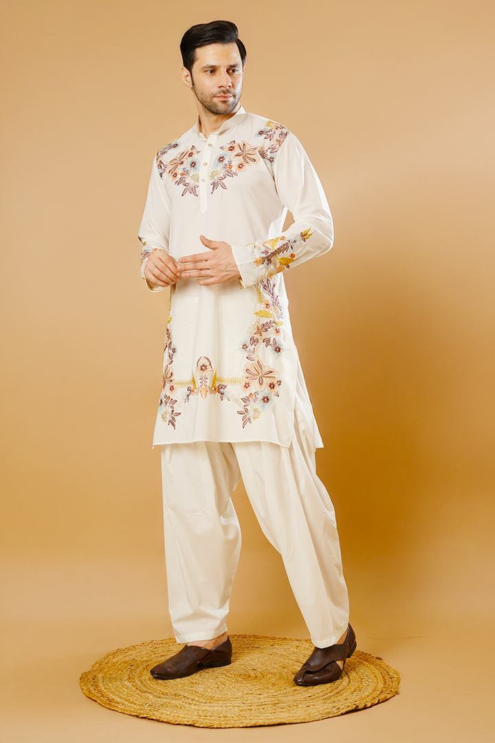 Cotton Blend White Kurta Patyala Set