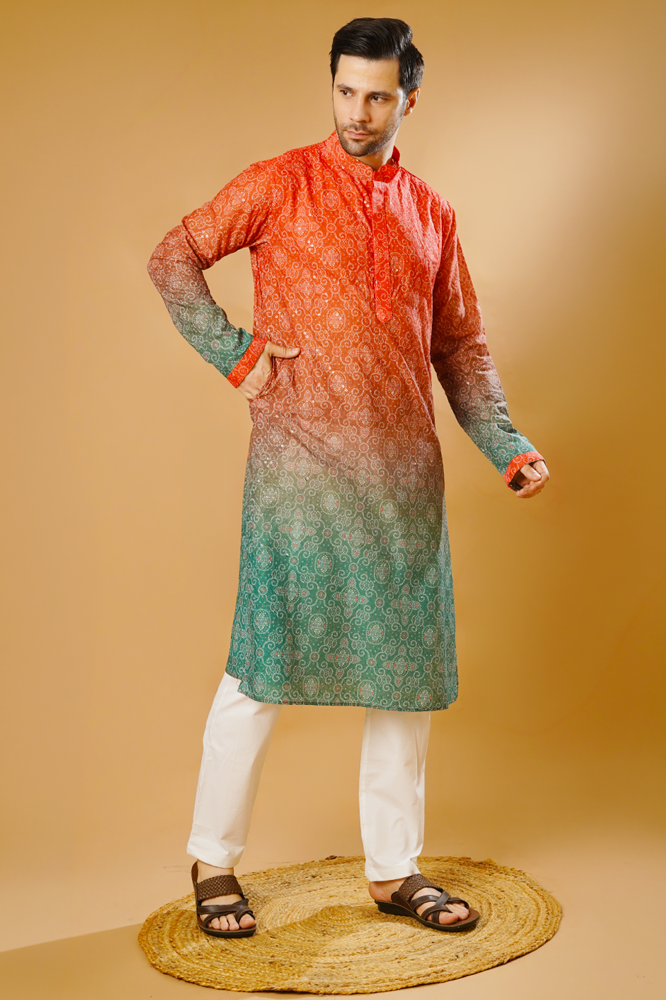 Cotton Blend Orange and Green Kurta Pyjama