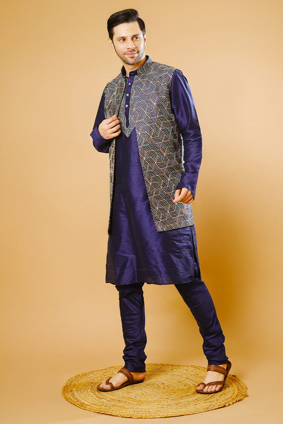 RUBY SILK Blue Kurta Pyjama with Nehru Jacket