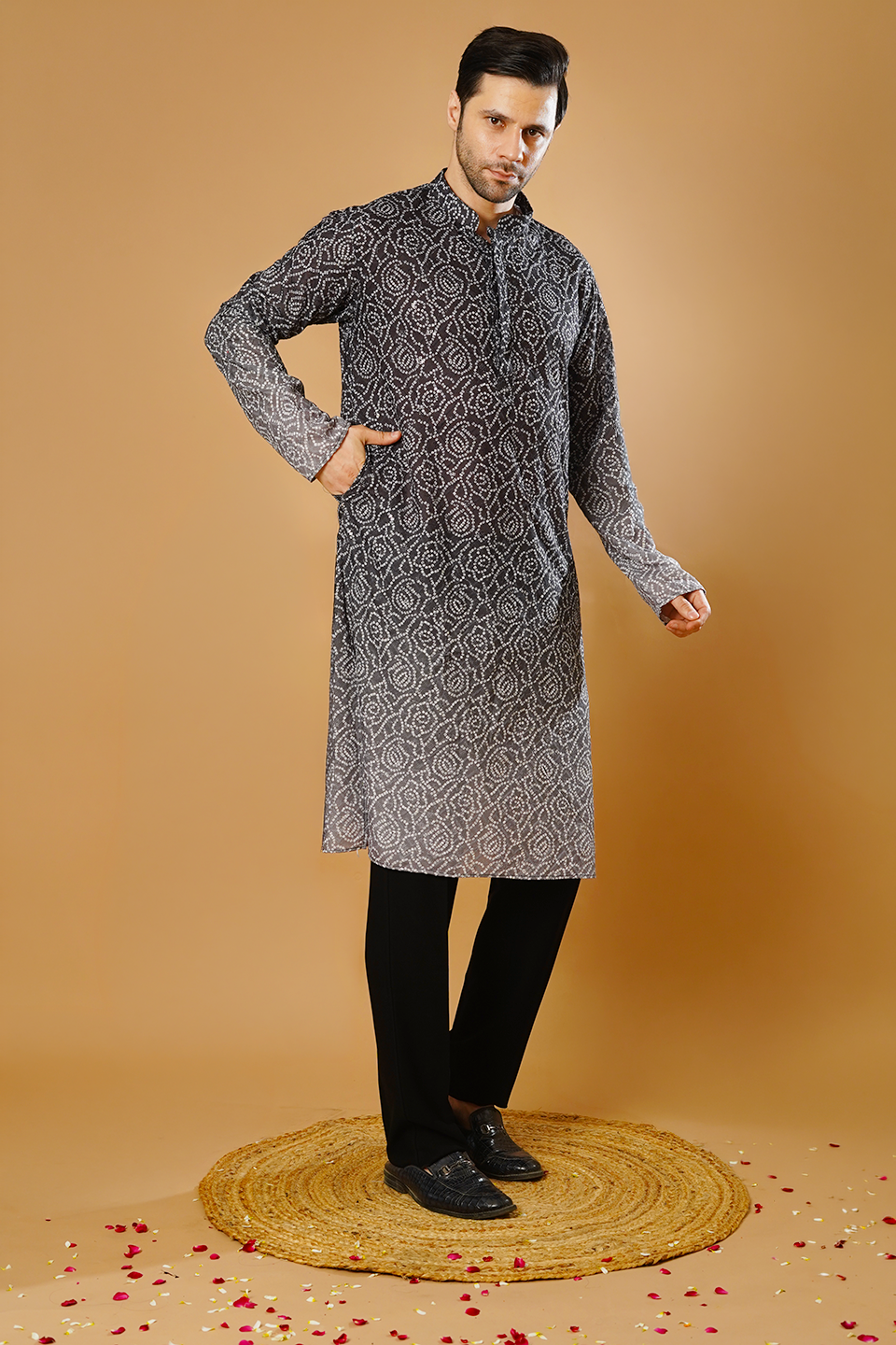 Cotton Blend Black and Grey Kurta Pyjama