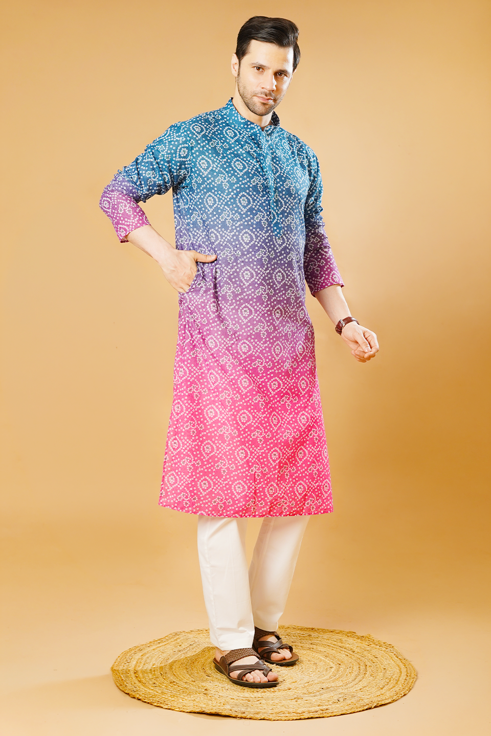 Cotton Blend Blue and Pink Kurta Pyjama