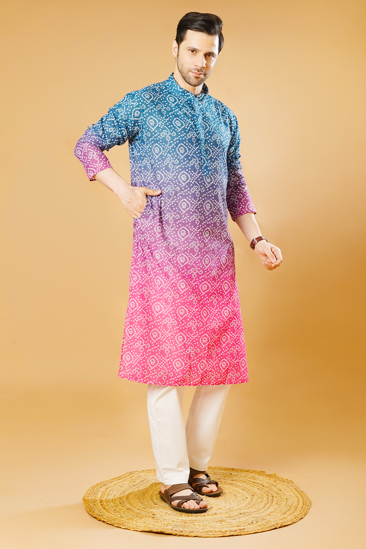 Cotton Blend Blue and Pink Kurta Pyjama