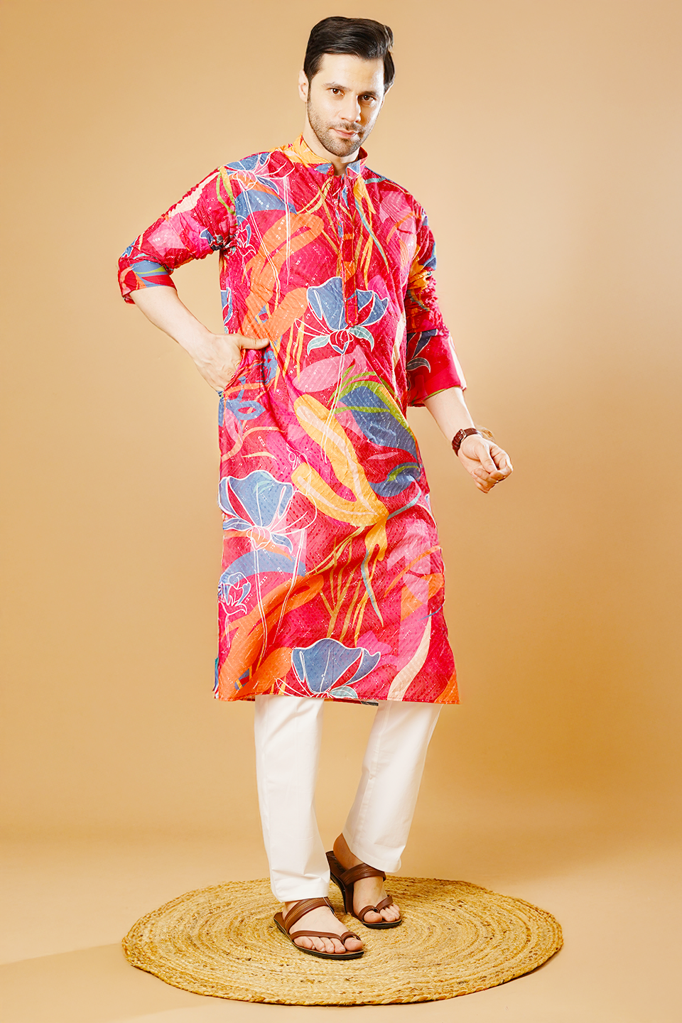 Cotton Blend Red Kurta Pyjama