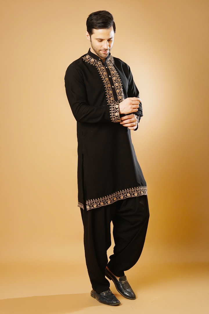 Cotton Blend Black Kurta Patyala Set