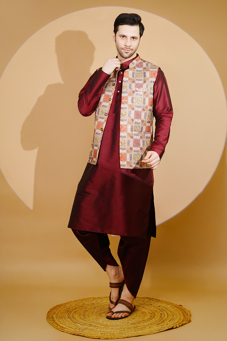 RUBY SILK Red Kurta Dhoti with Nehru Jacket