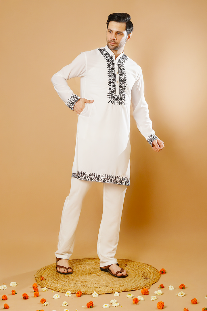 Cotton Blend White Kurta Pyjama