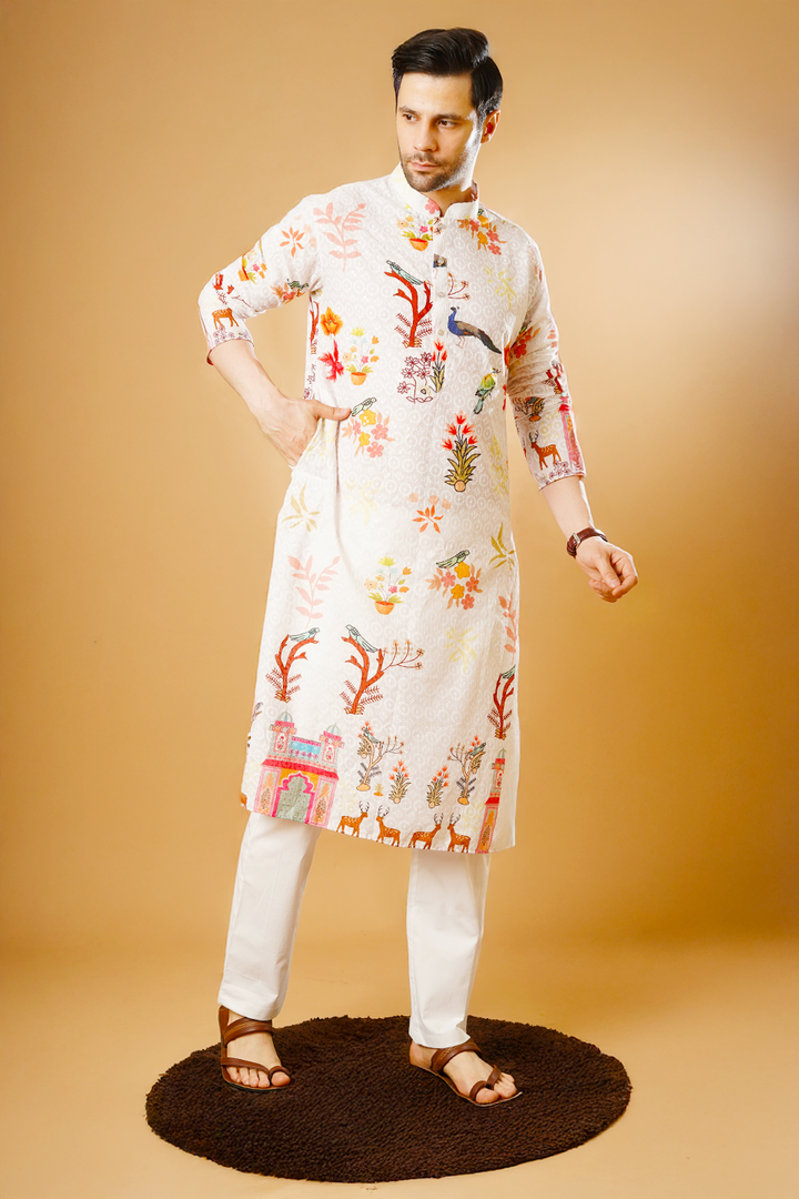 Cotton Blend White Kurta Pyjama