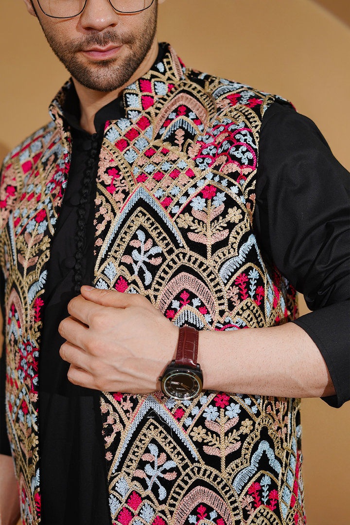 Poplin Black Kurta Pyjama with Nehru Jacket