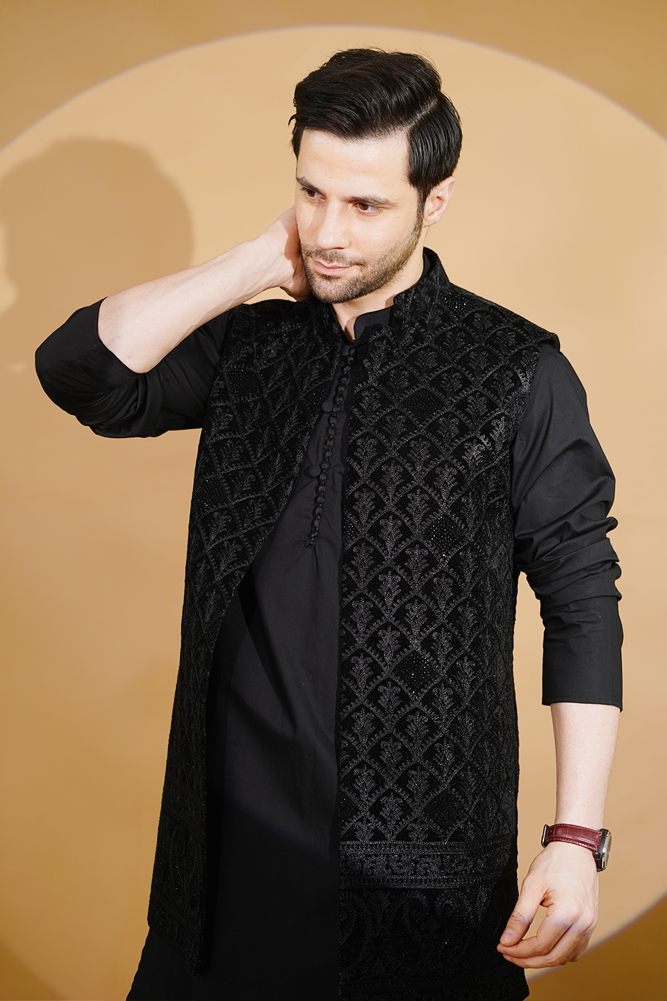 Poplin Black Kurta Pyjama with Nehru Jacket