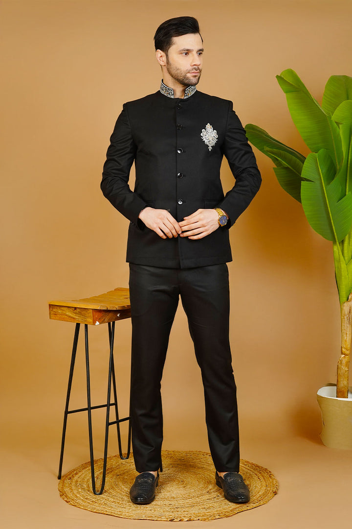 Polyester Cotton Embroidered Black Bandhgala