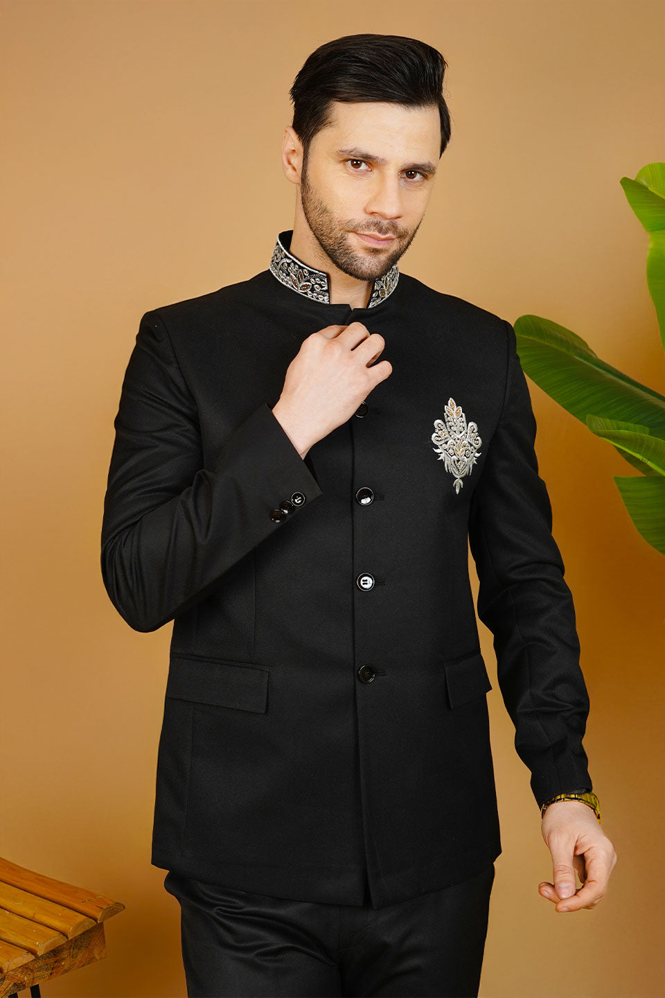 Polyester Cotton Embroidered Black Bandhgala
