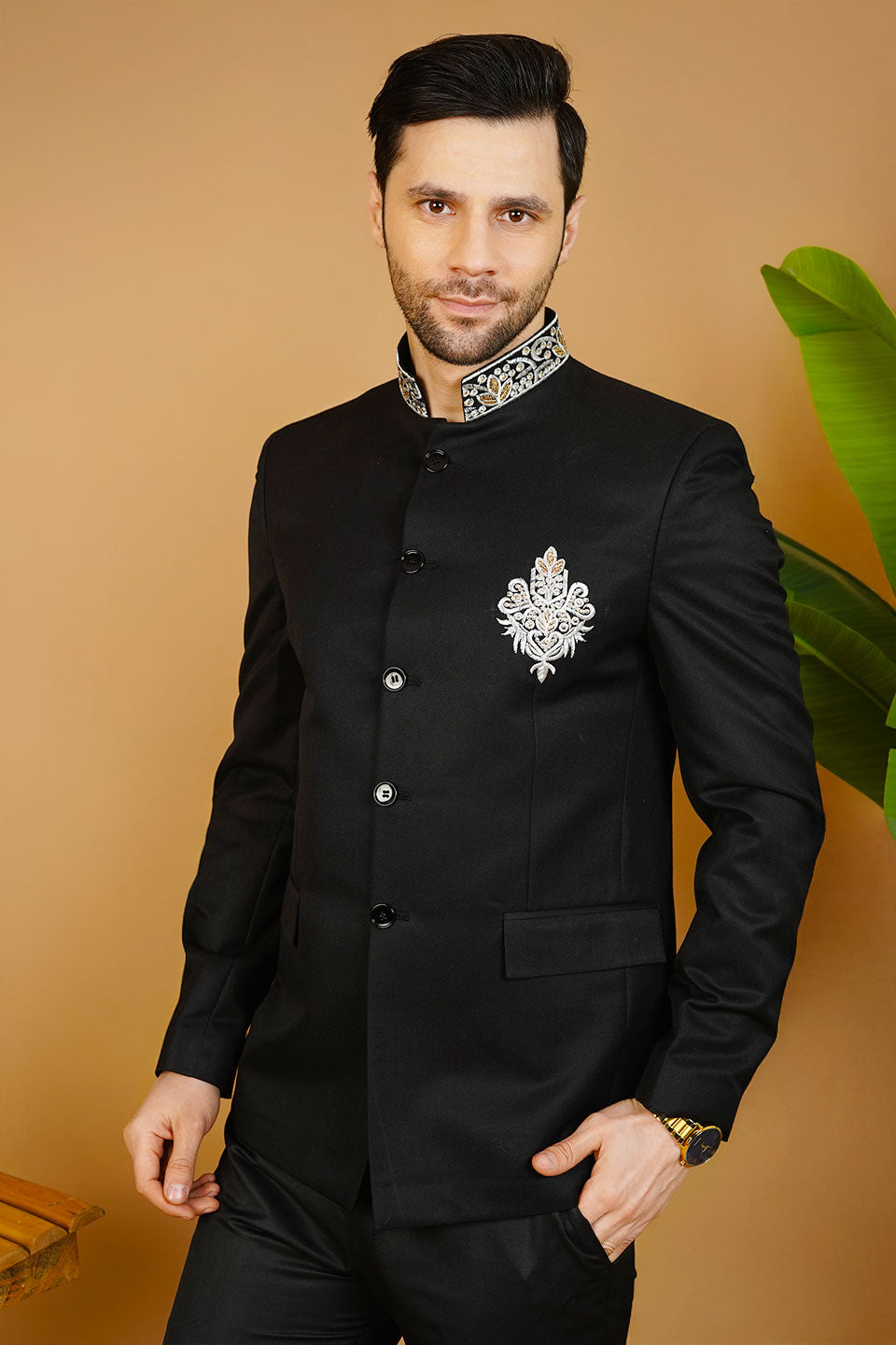 Polyester Cotton Embroidered Black Bandhgala