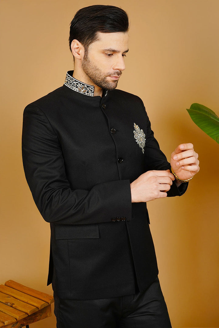 Polyester Cotton Embroidered Black Bandhgala
