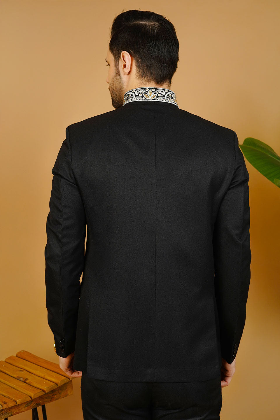 Polyester Cotton Embroidered Black Bandhgala