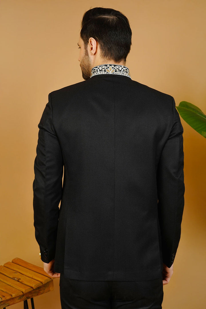 Polyester Cotton Embroidered Black Bandhgala