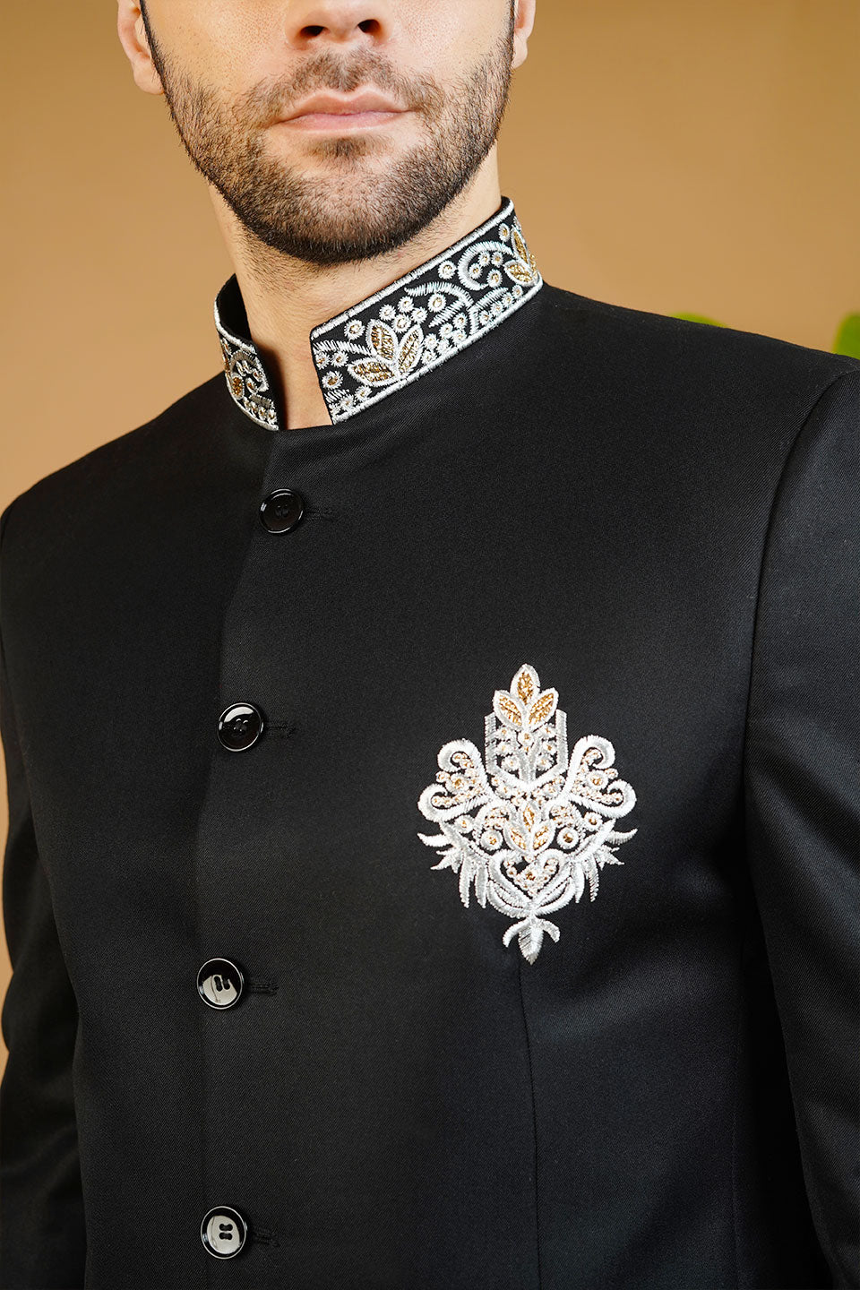 Polyester Cotton Embroidered Black Bandhgala