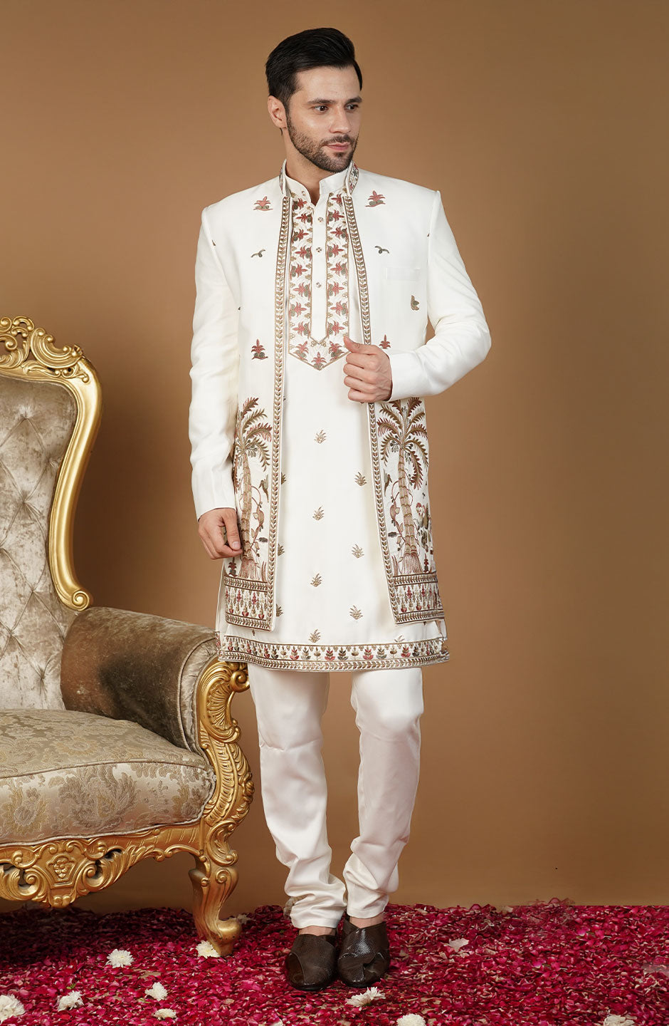 Ethnic Art silk Embroidery White Kurta Set