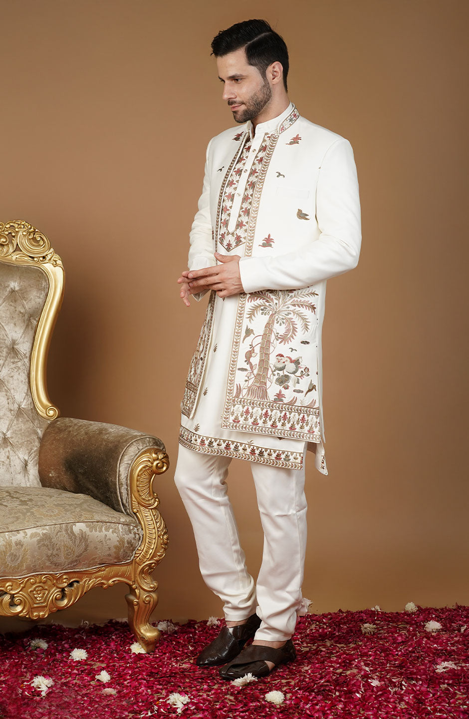 Ethnic Art silk Embroidery White Kurta Set