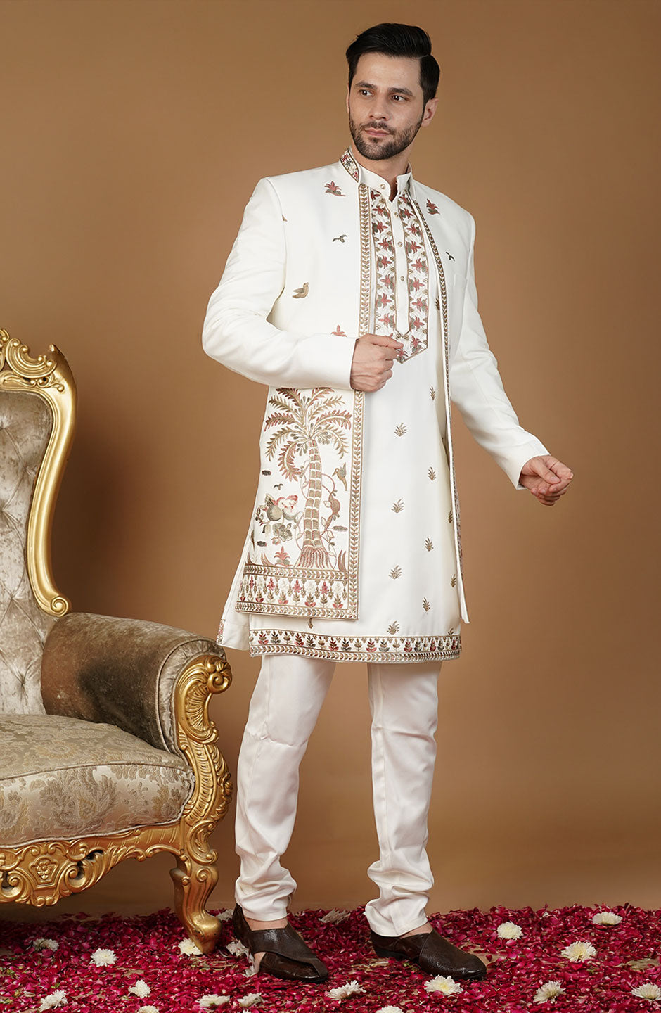 Ethnic Art silk Embroidery White Kurta Set