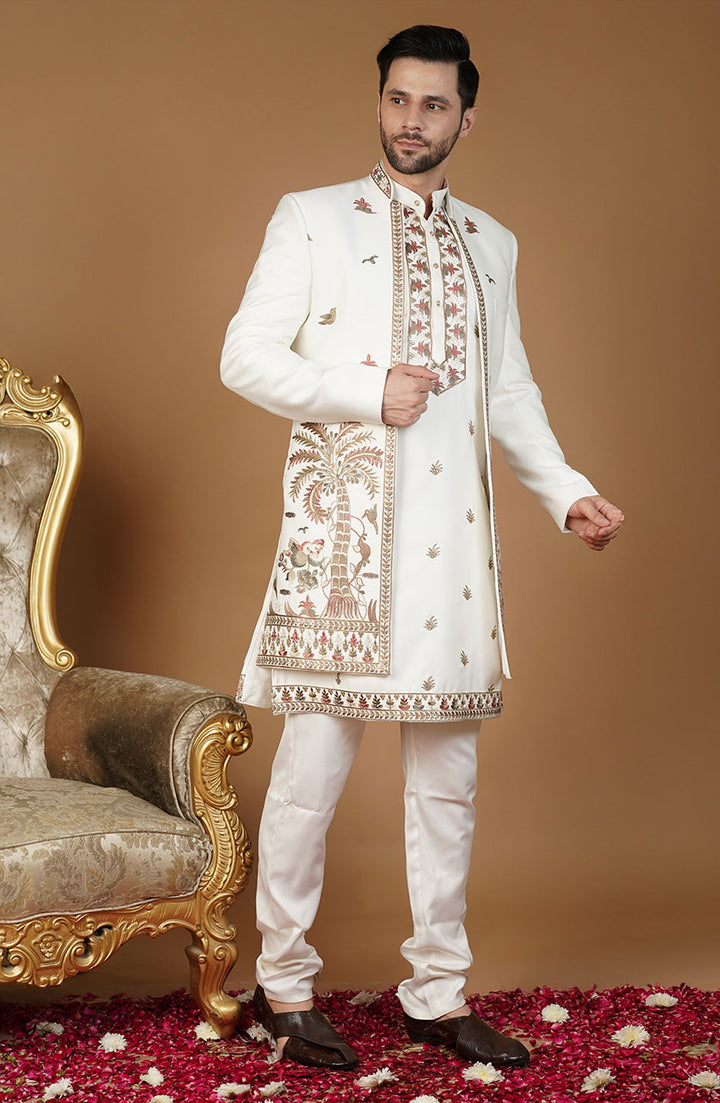Ethnic Art silk Embroidery White Kurta Set