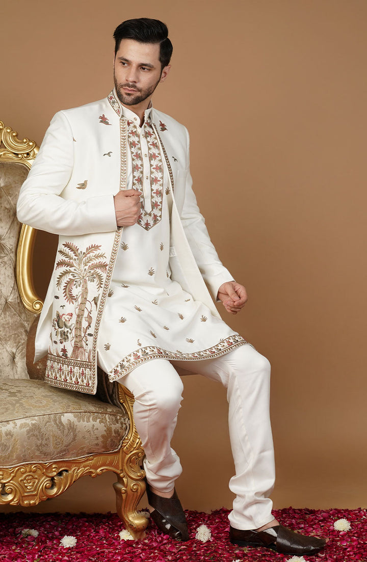 Ethnic Art silk Embroidery White Kurta Set