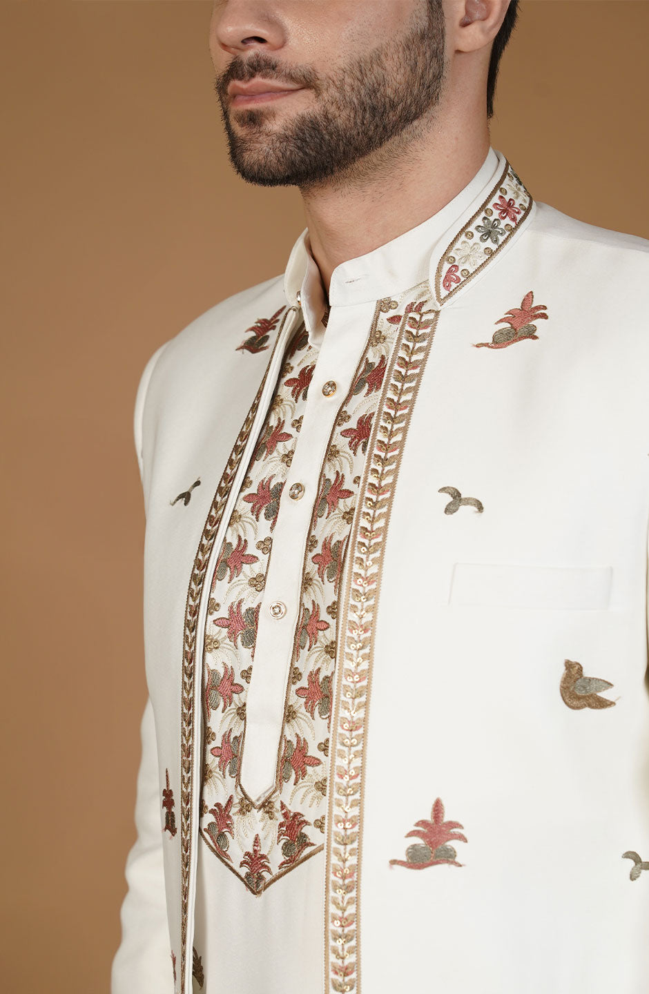 Ethnic Art silk Embroidery White Kurta Set