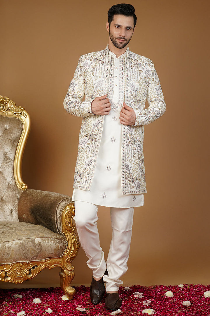 Ethnic Art silk Embroidery White Kurta Set