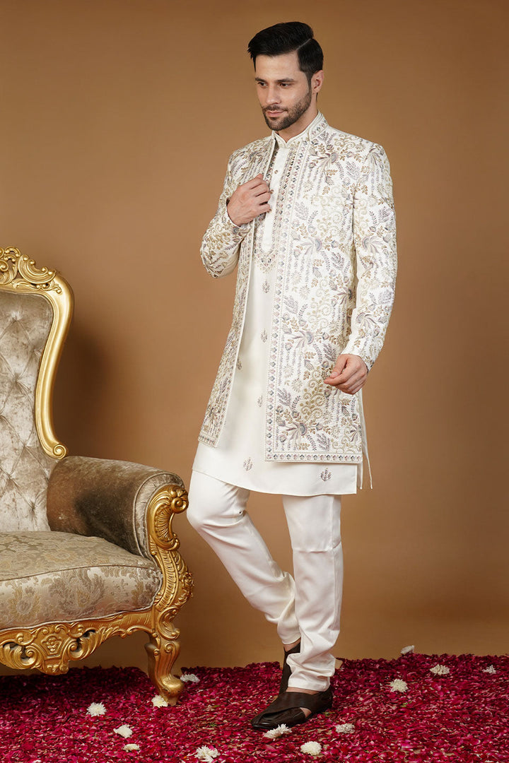 Ethnic Art silk Embroidery White Kurta Set
