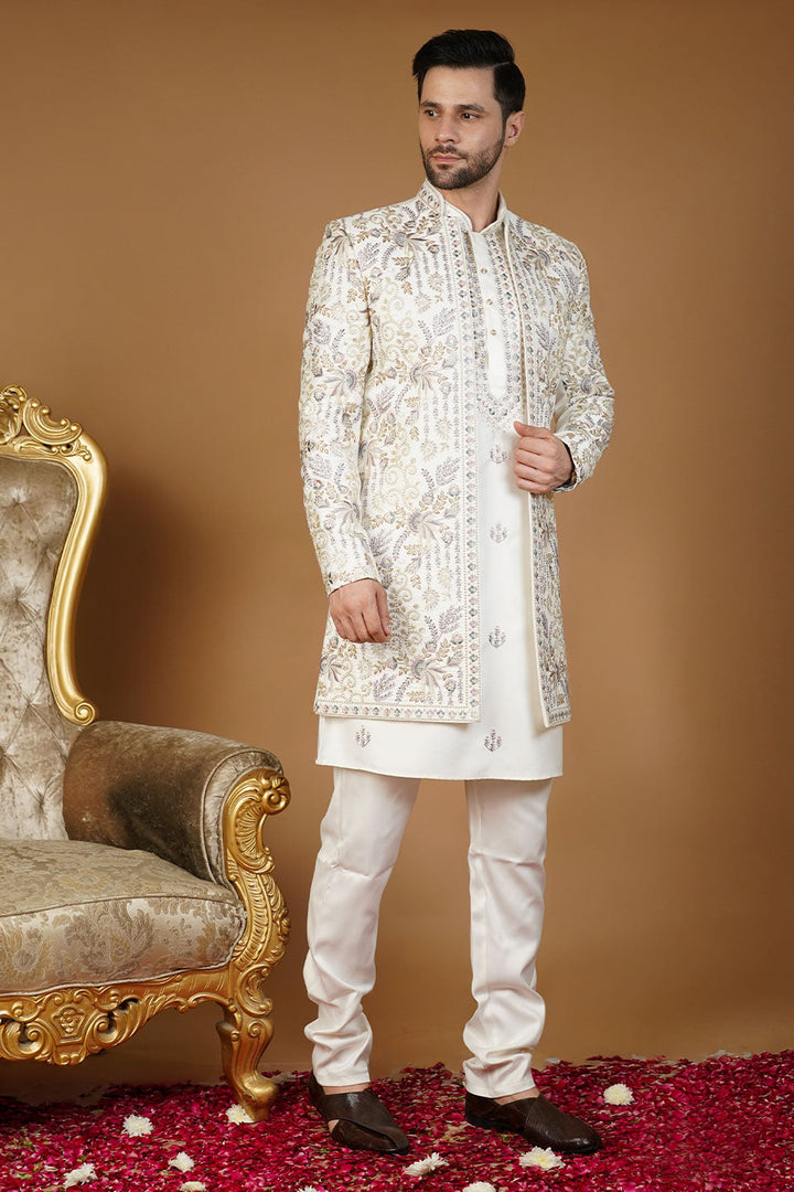 Ethnic Art silk Embroidery White Kurta Set