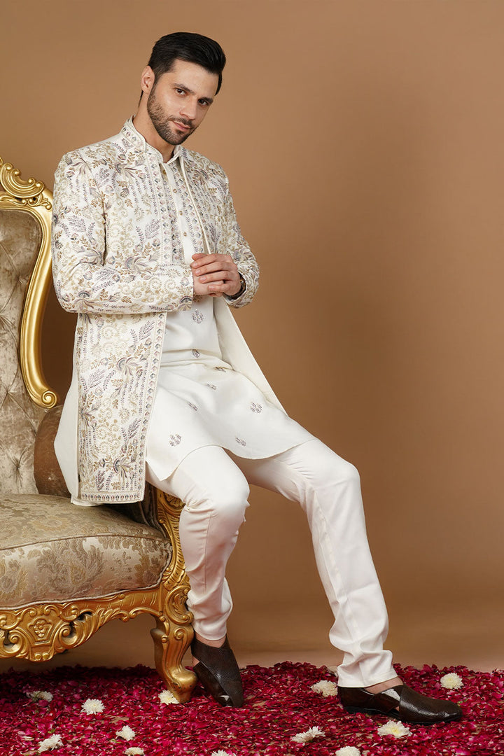 Ethnic Art silk Embroidery White Kurta Set