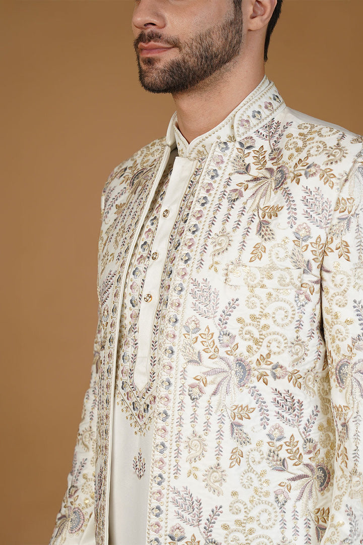 Ethnic Art silk Embroidery White Kurta Set