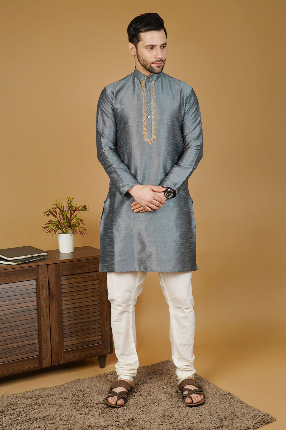 Banarasi Art Silk Grey Kurta