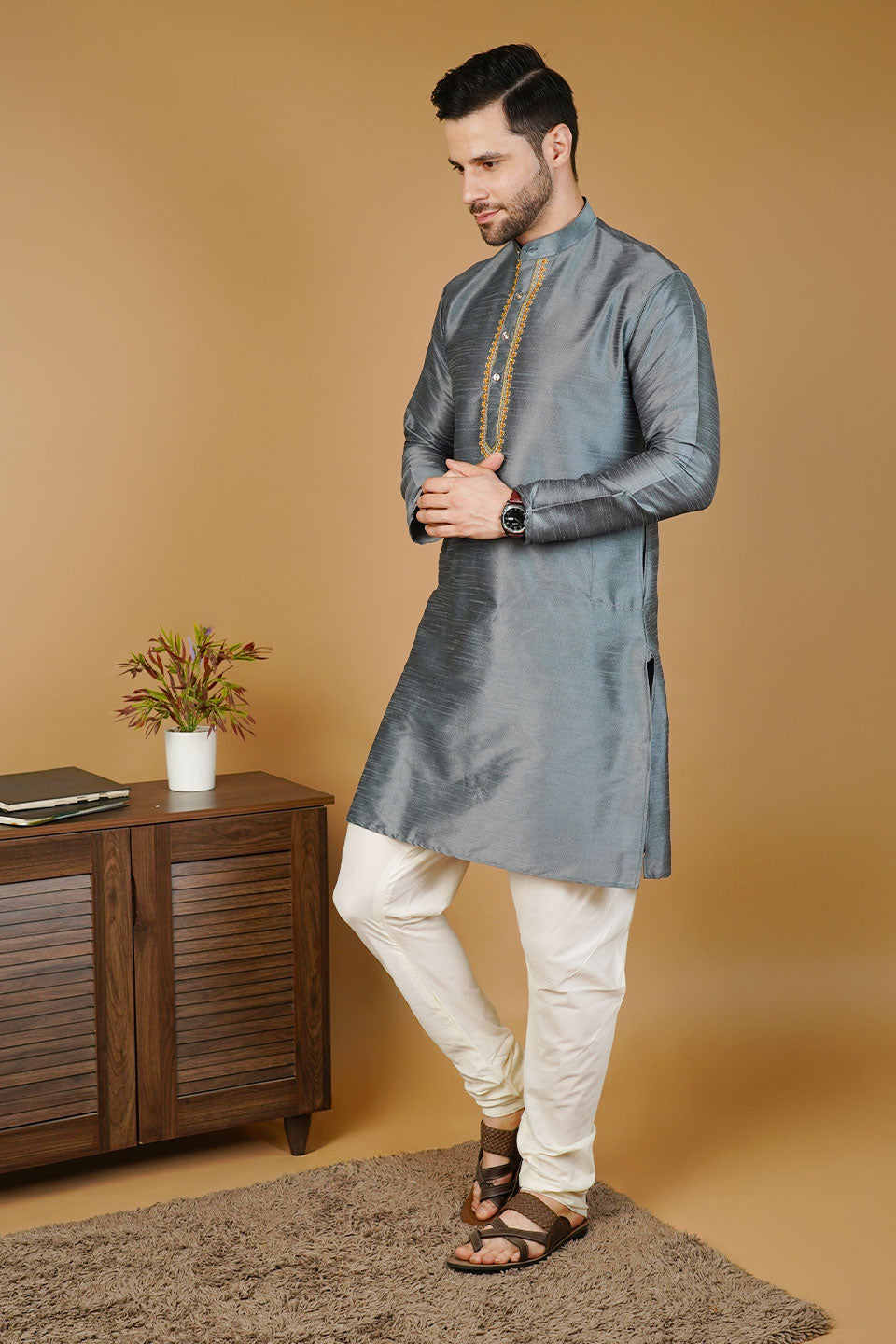 Banarasi Art Silk Grey Kurta