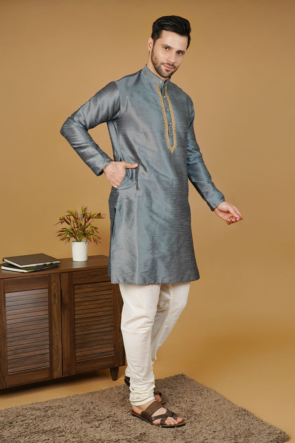 Banarasi Art Silk Grey Kurta