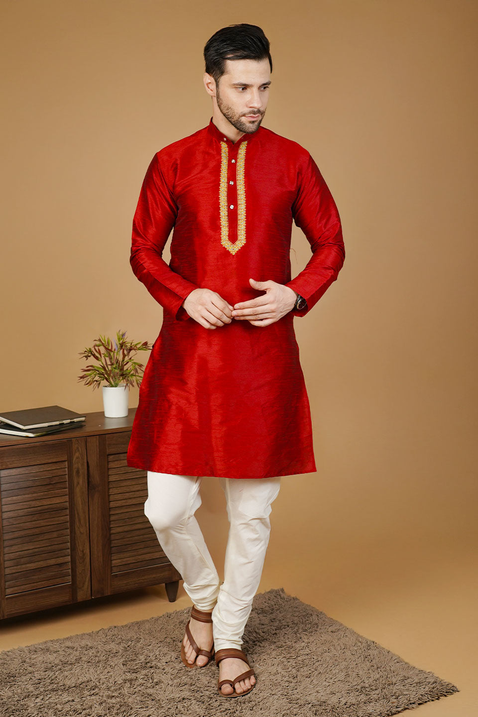 Banarasi Art Silk Red Kurta