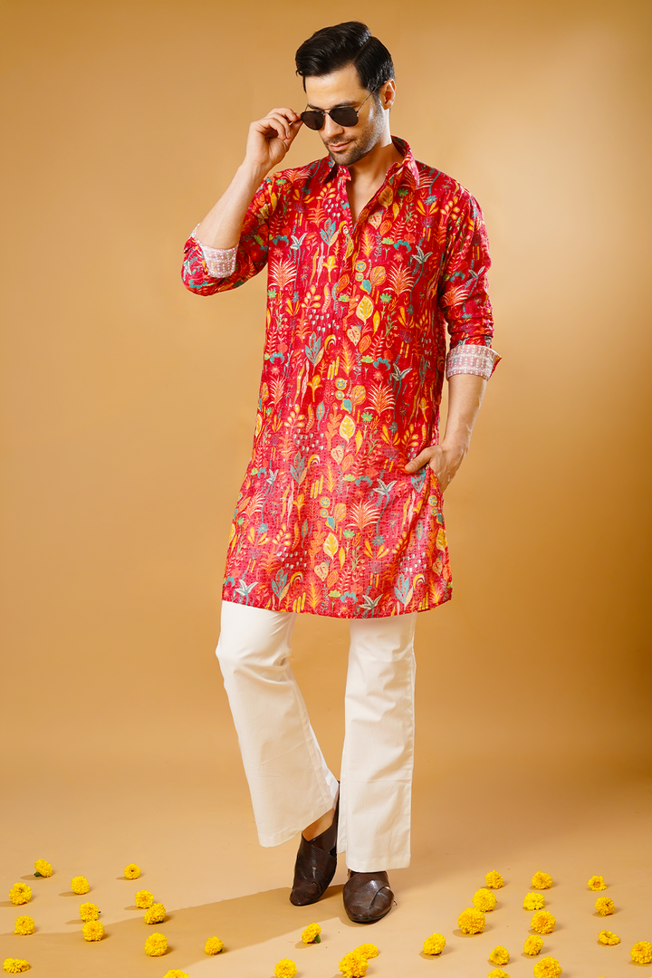 Cotton Blend Red Kurta Pyjama