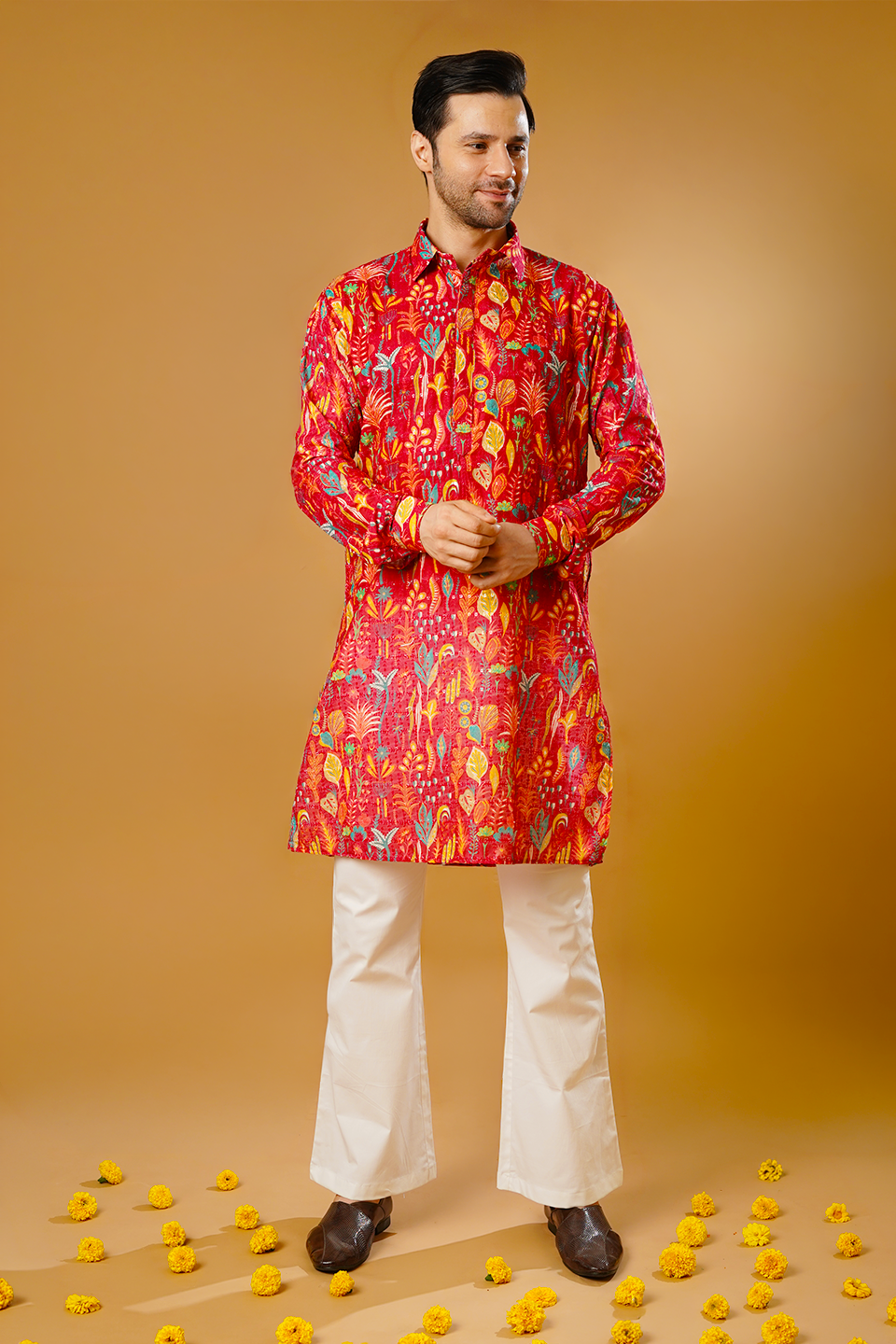 Cotton Blend Red Kurta Pyjama
