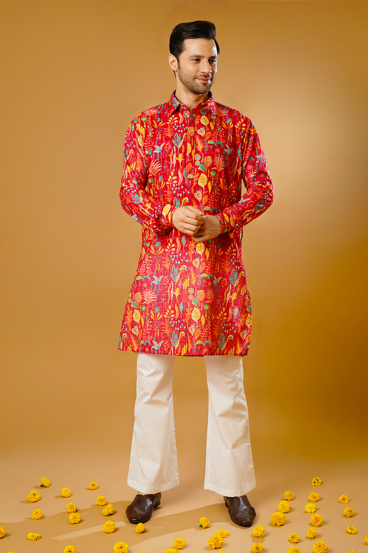 Cotton Blend Red Kurta Pyjama