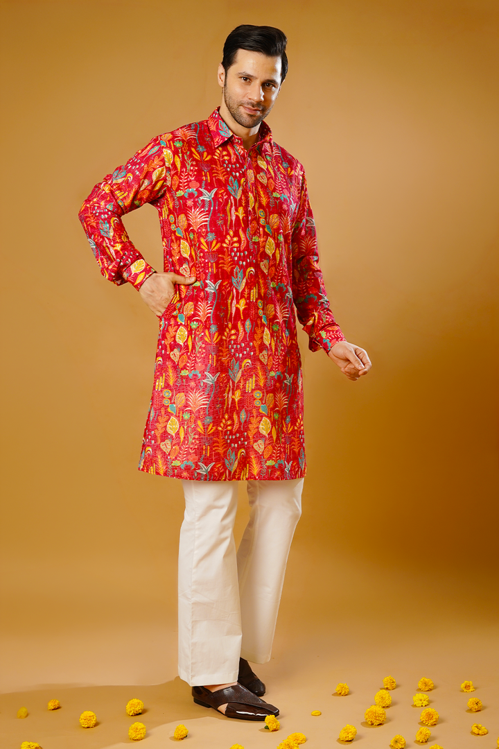 Cotton Blend Red Kurta Pyjama