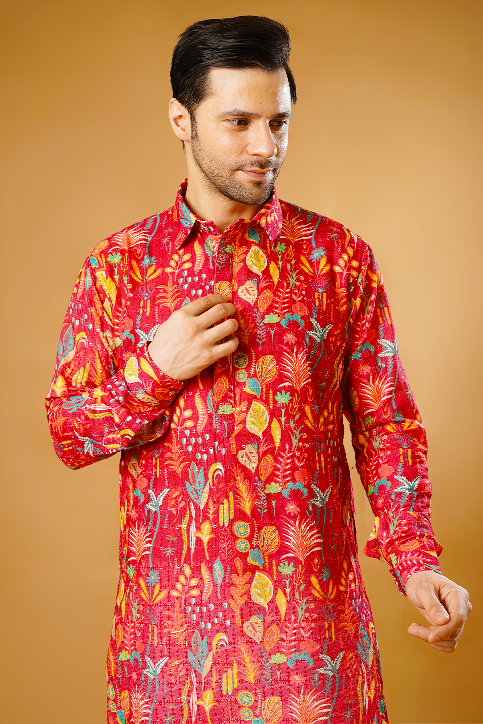 Cotton Blend Red Kurta Pyjama
