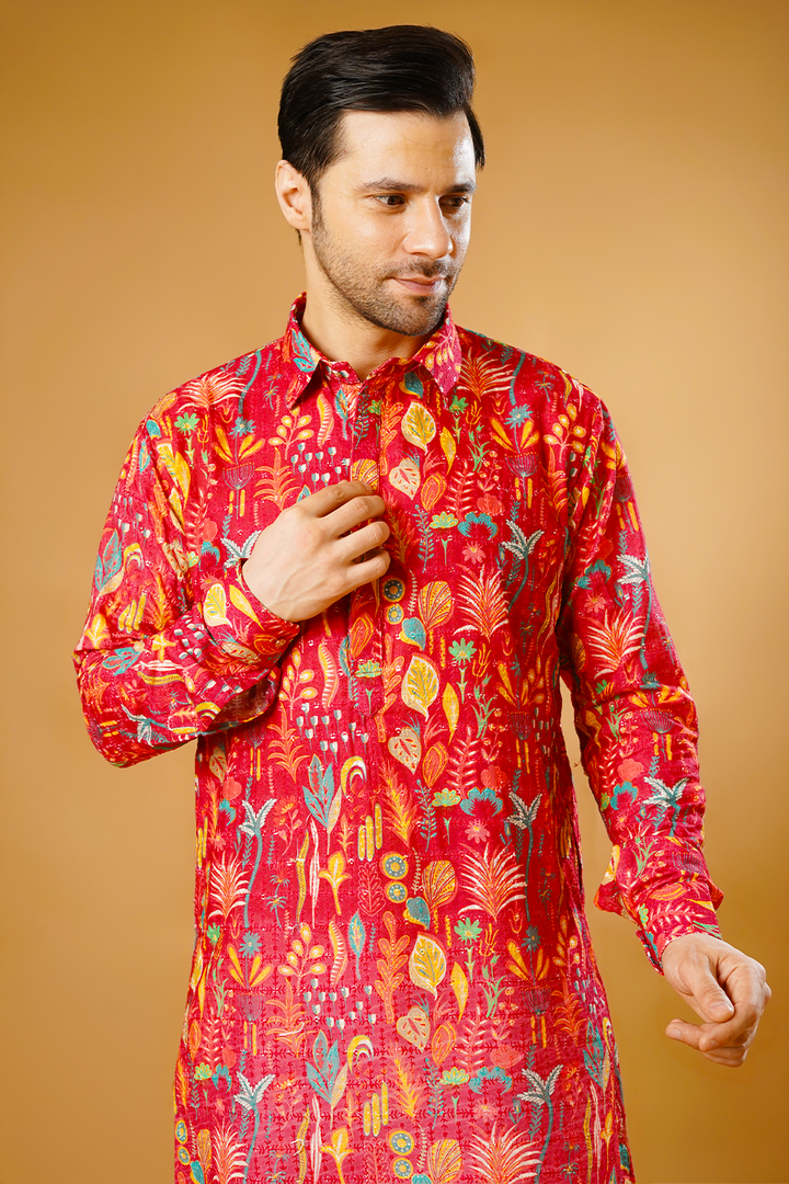 Cotton Blend Red Kurta Pyjama