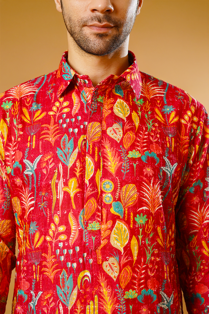 Cotton Blend Red Kurta Pyjama