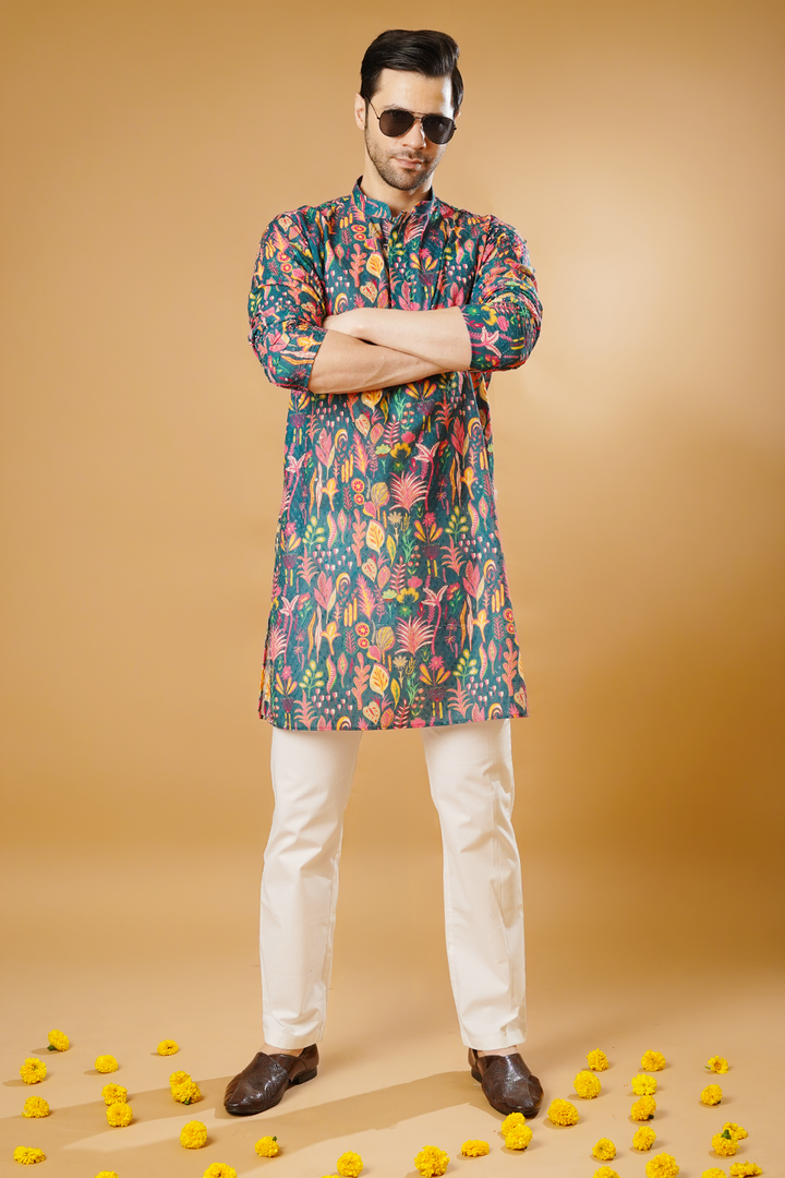 Cotton Blend Green Kurta Pyjama